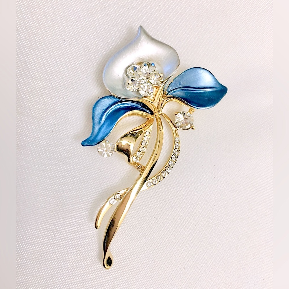 Crystal Blue Silver Enamel Gold Flower Iris Brooch